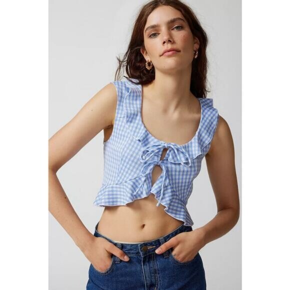 NWT URBAN OUTFITTERS Ilene Gingham Tie-Front Top Sz Medium Blue - Picture 3 of 9